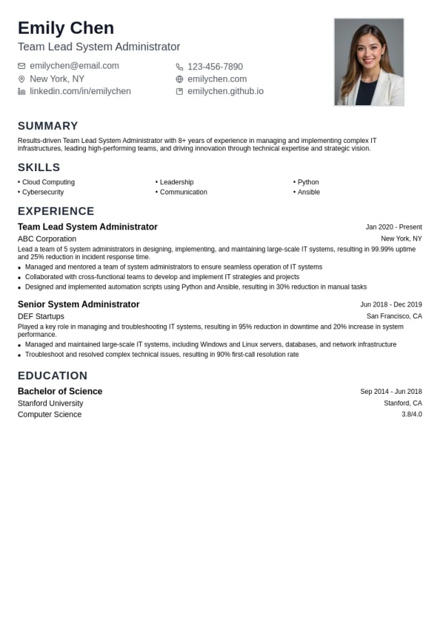Team Lead System Administrator resume example