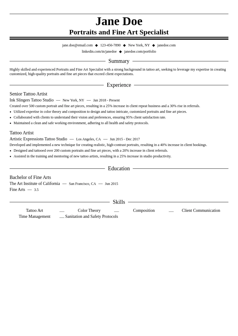 Portraits and Fine Art Specialist resume example