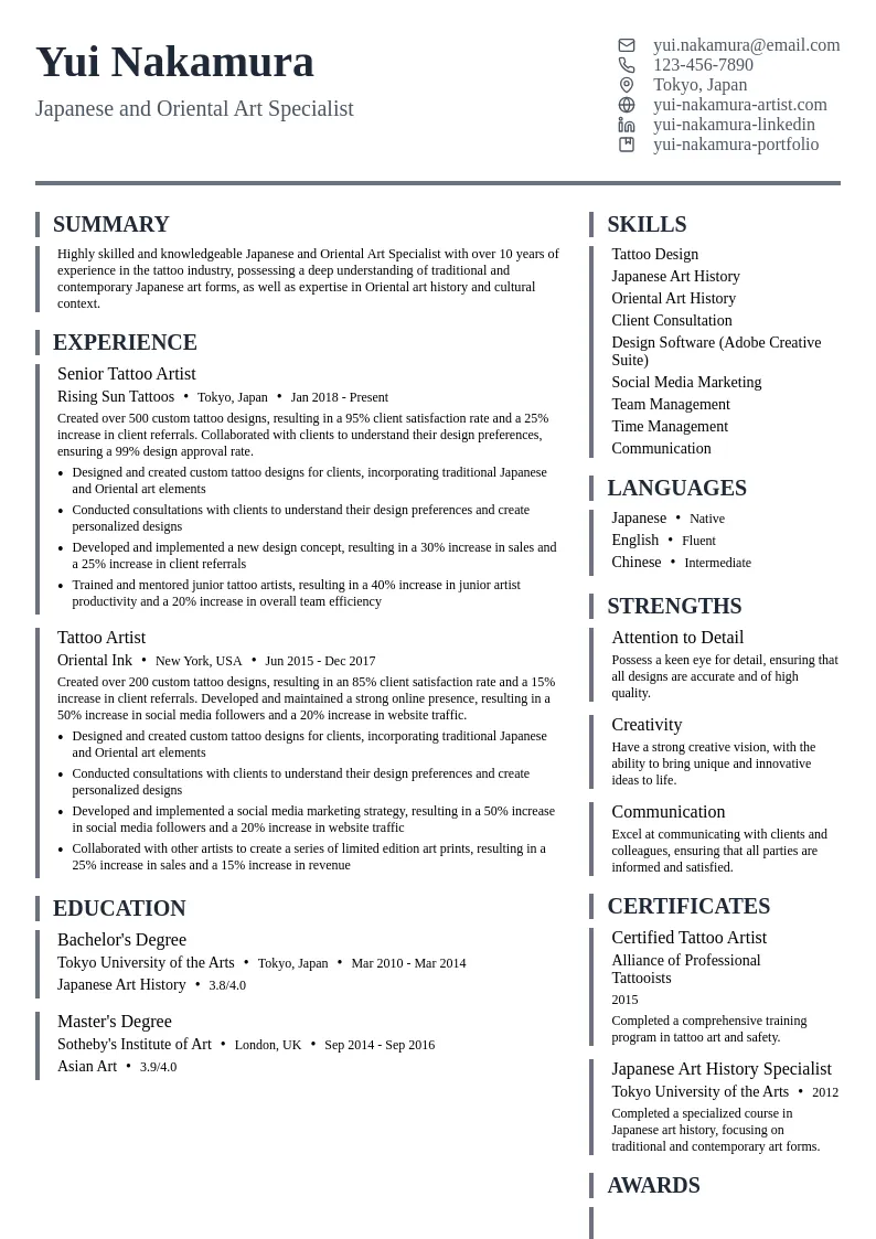 Japanese and Oriental Art Specialist resume example