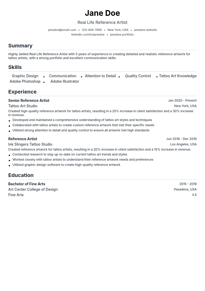 Real Life Reference Artist resume example