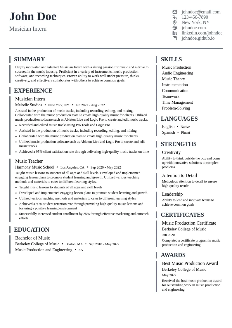 Musician Intern resume example