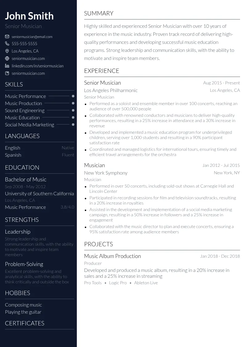 Senior Musician resume example