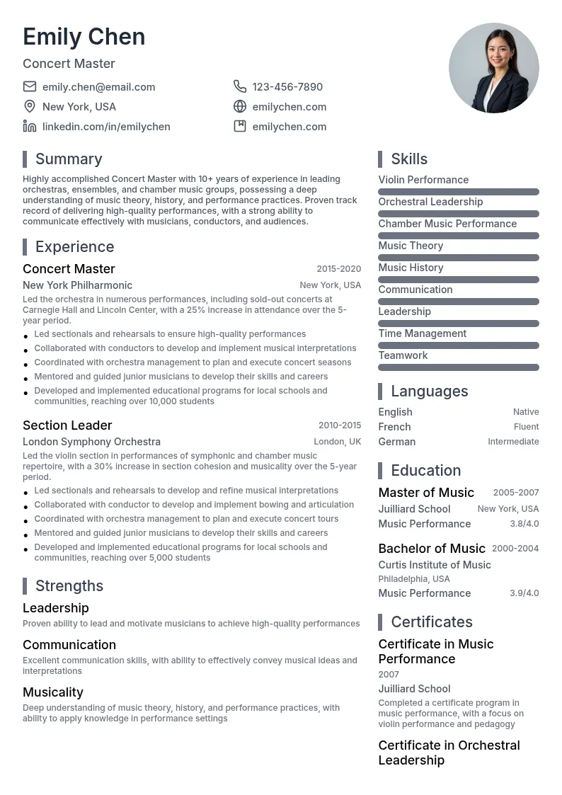 Concert Master resume example
