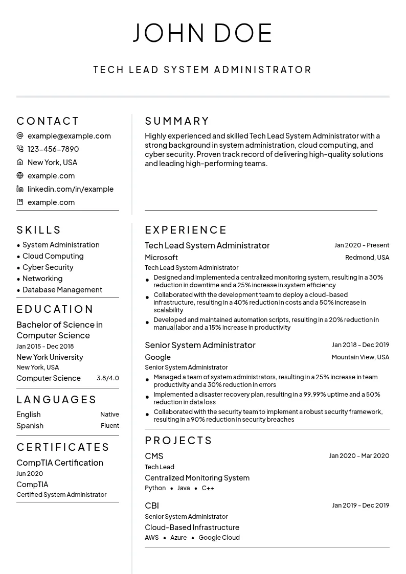 Tech Lead System Administrator resume example