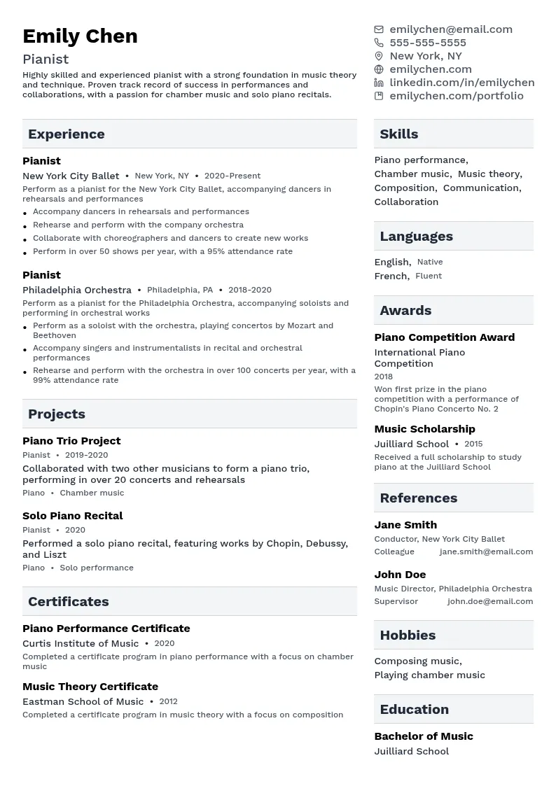 Pianist resume example