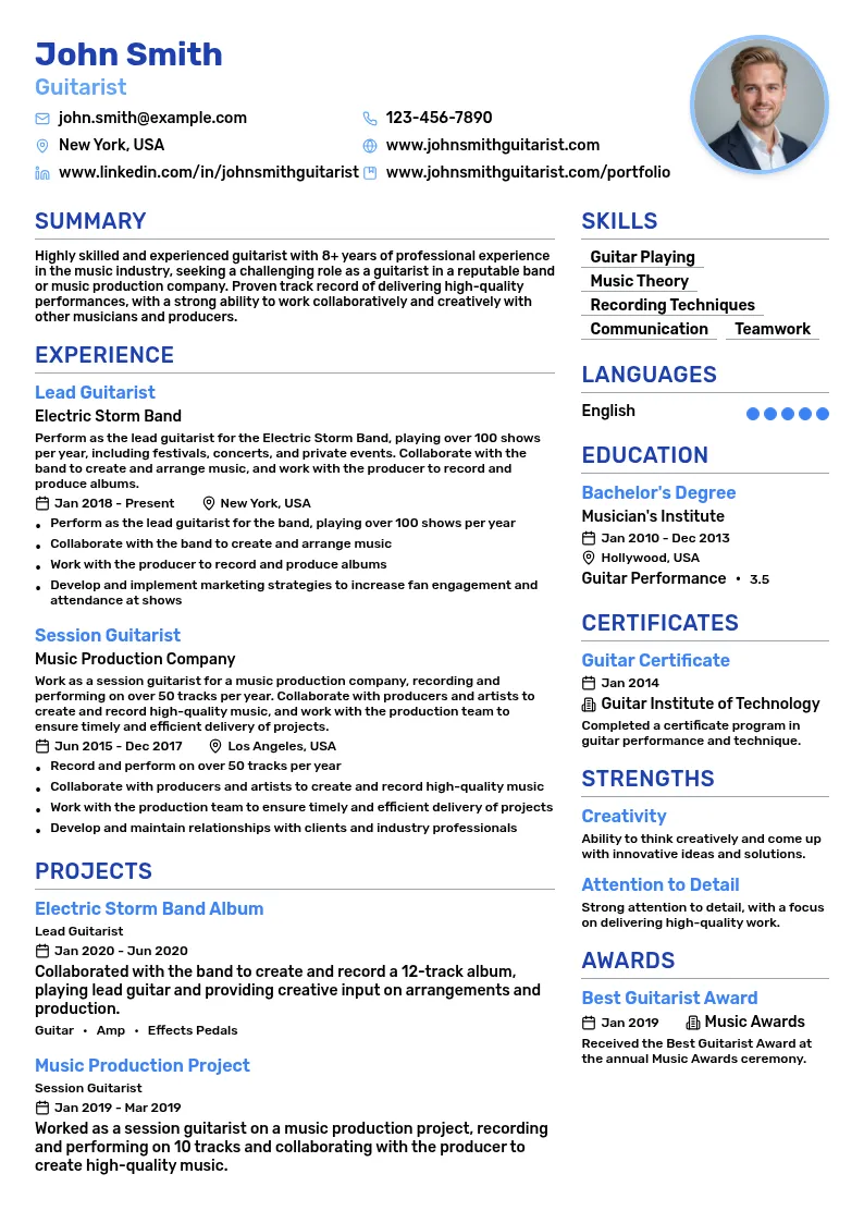Guitarist resume example