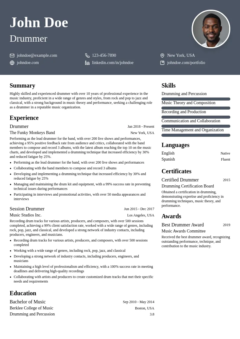 Drummer resume example