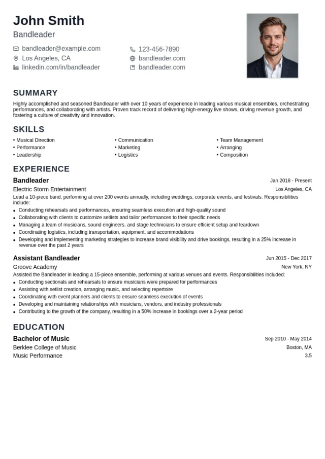 Bandleader resume example