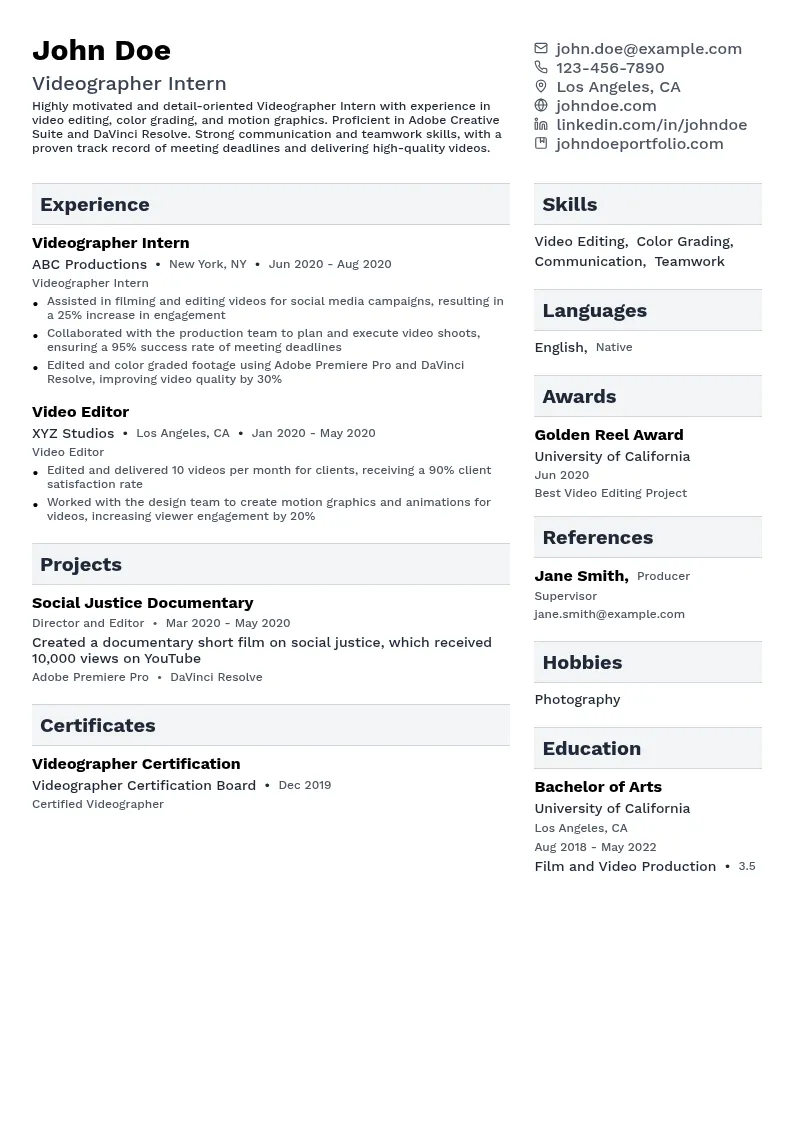Videographer Intern resume example