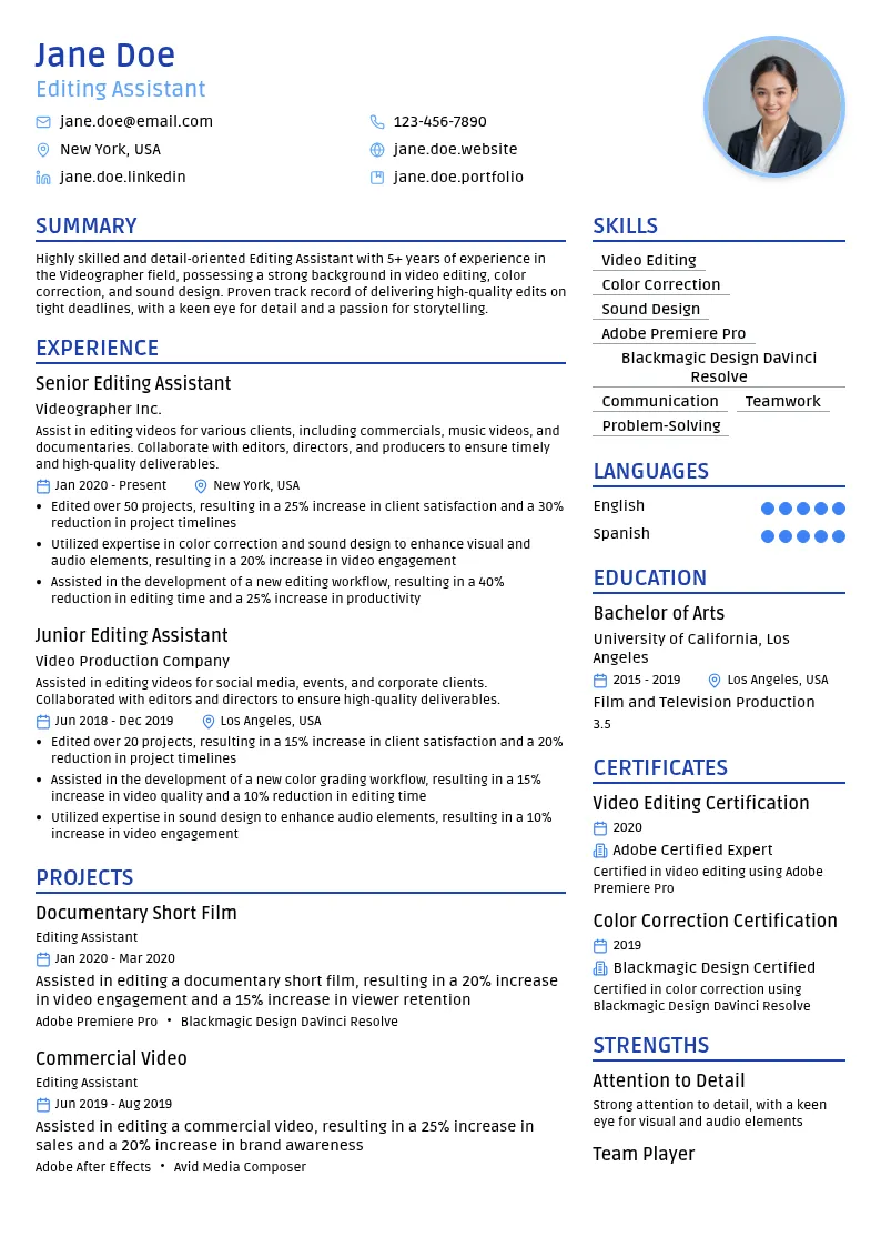 Editing Assistant resume example