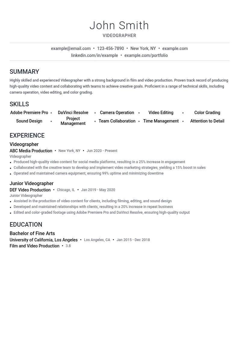 Videographer resume example