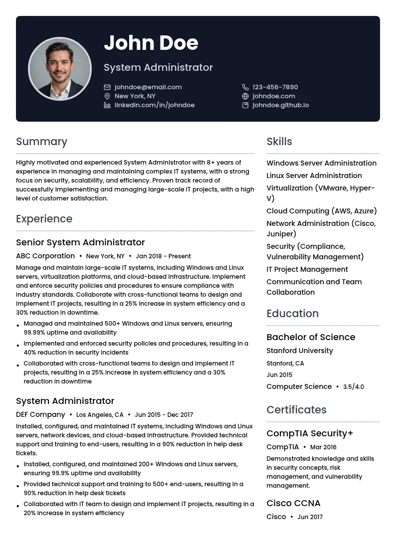 System Administrator resume example