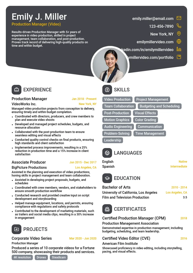 Production Manager (Video) resume example