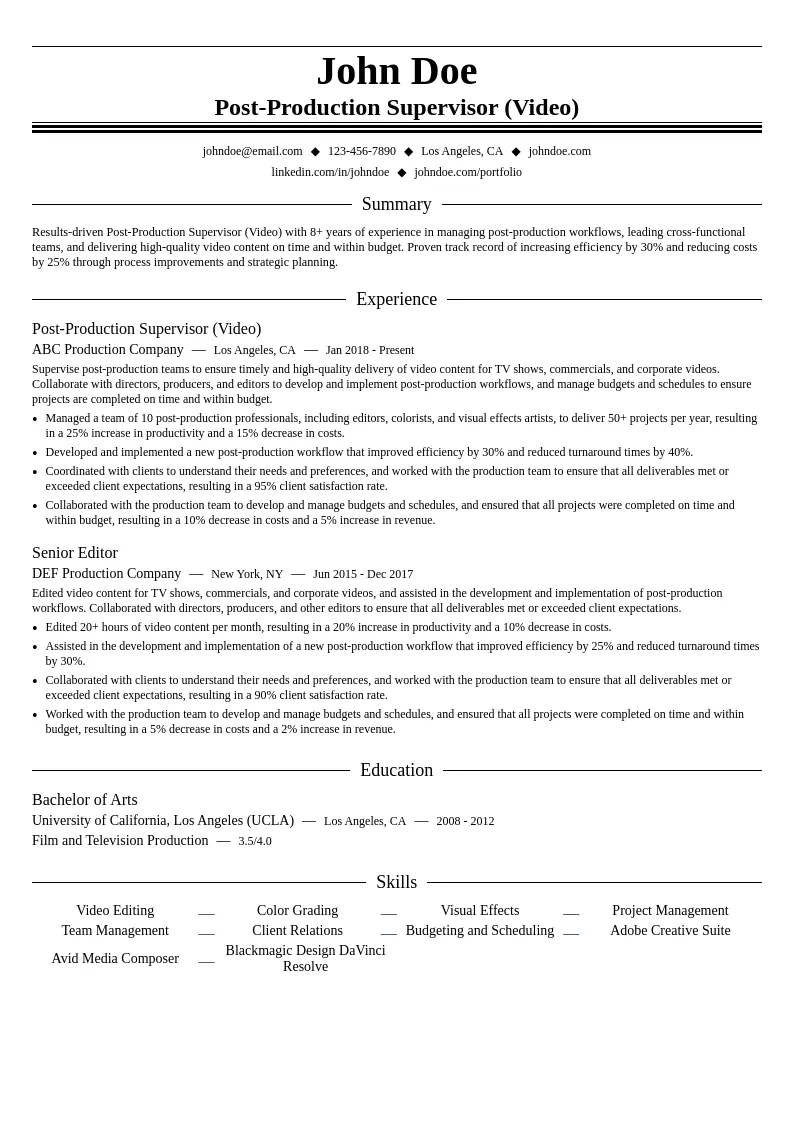 Post-Production Supervisor (Video) resume example