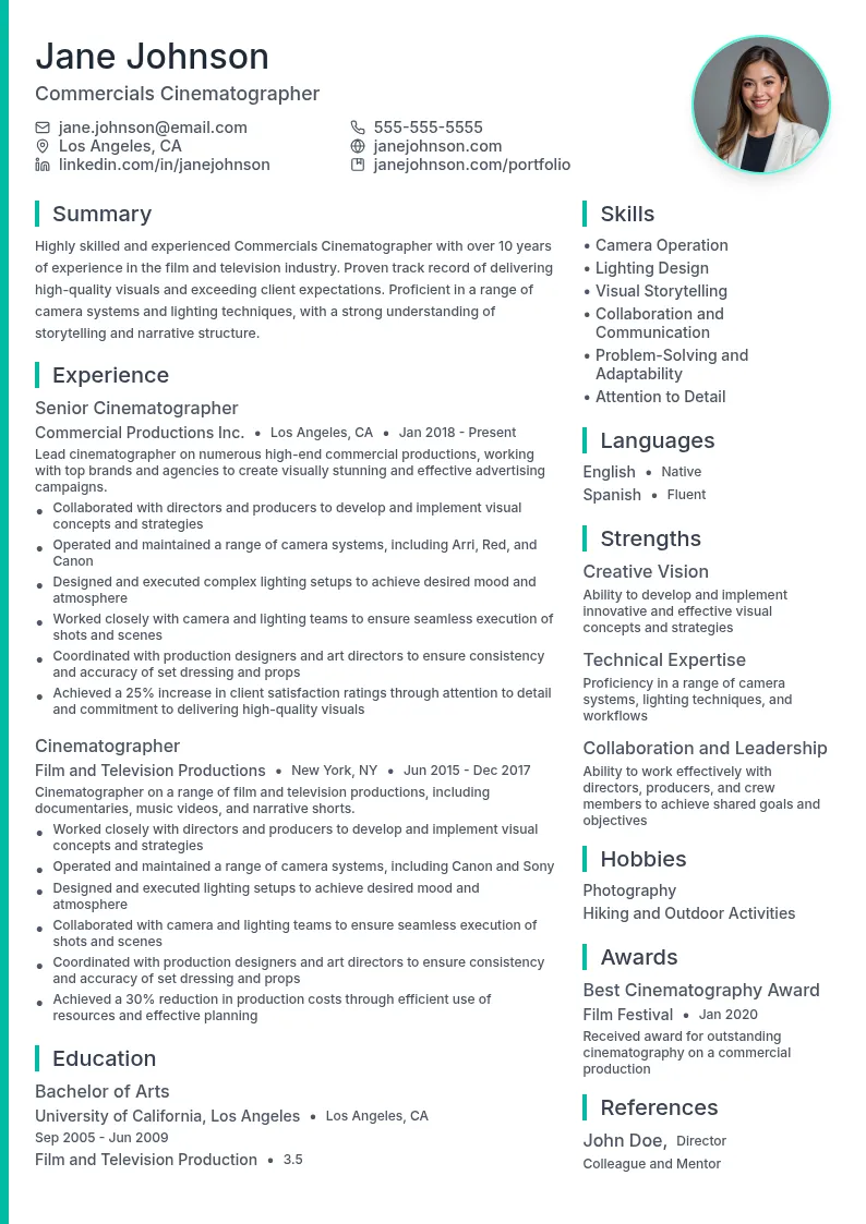 Commercials Cinematographer resume example