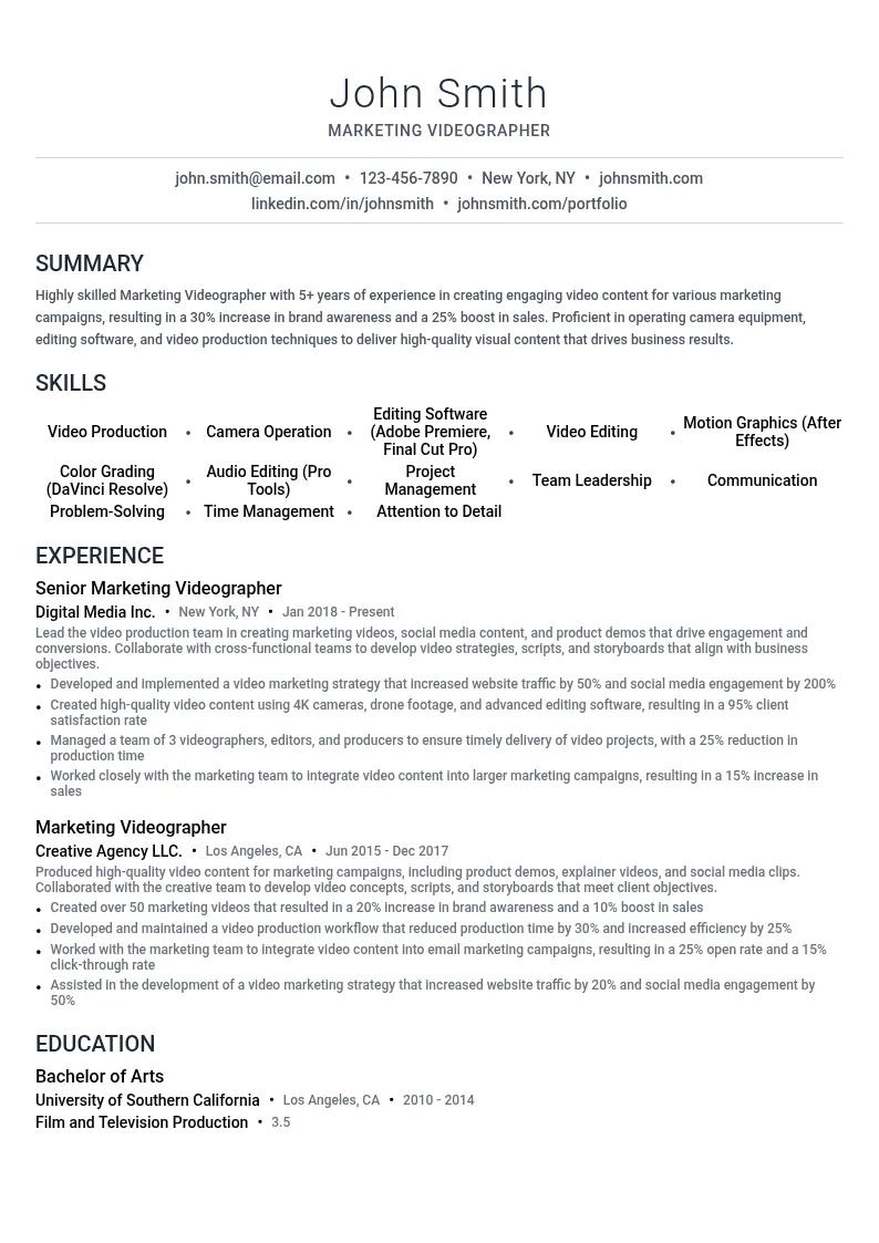 Marketing Videographer resume example