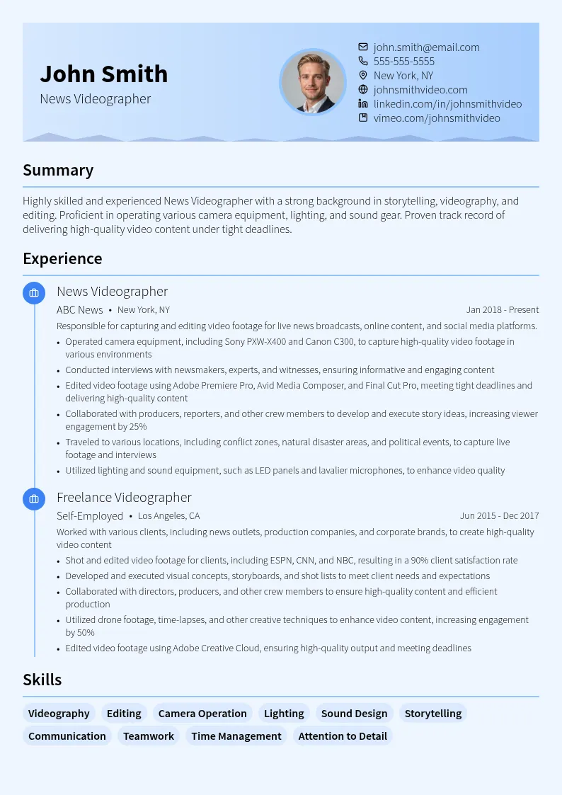 News Videographer resume example