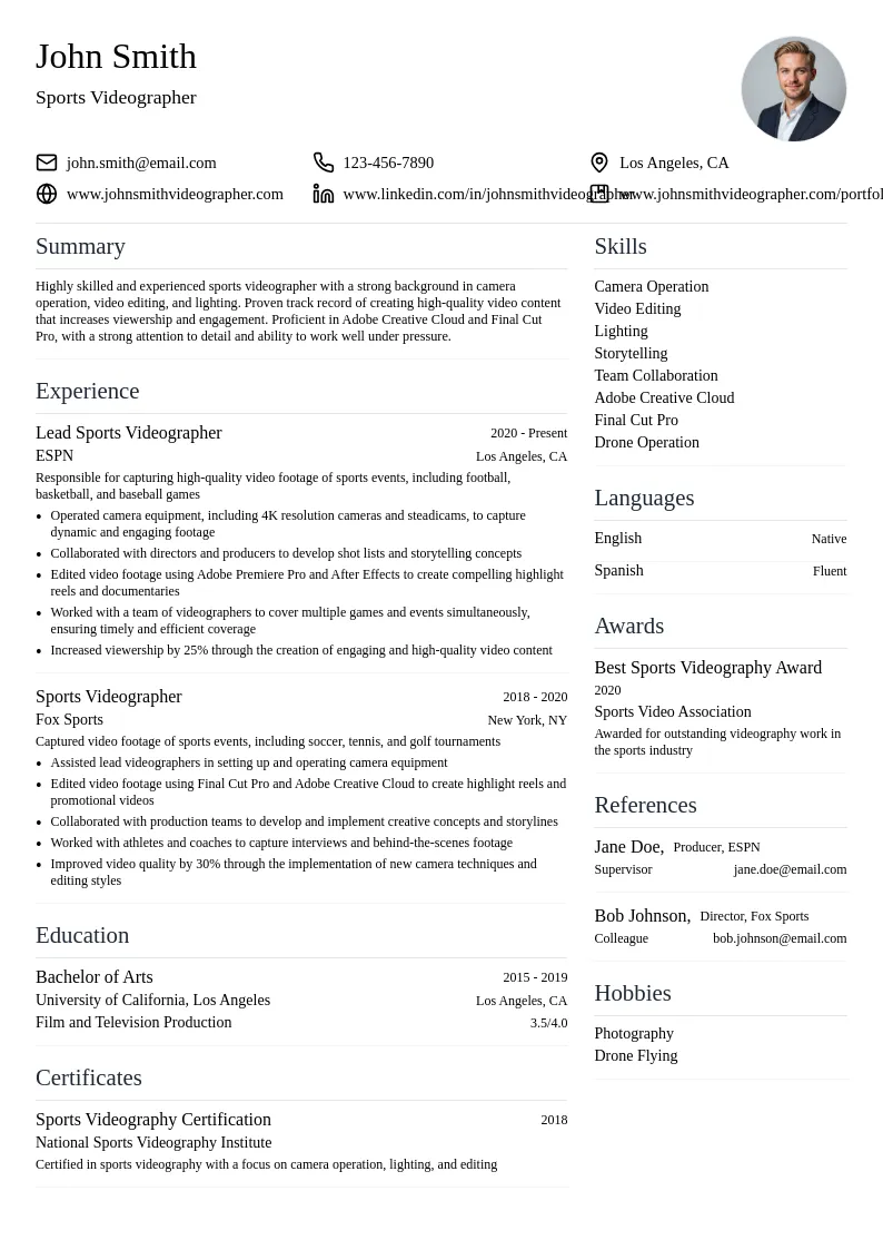 Sports Videographer resume example