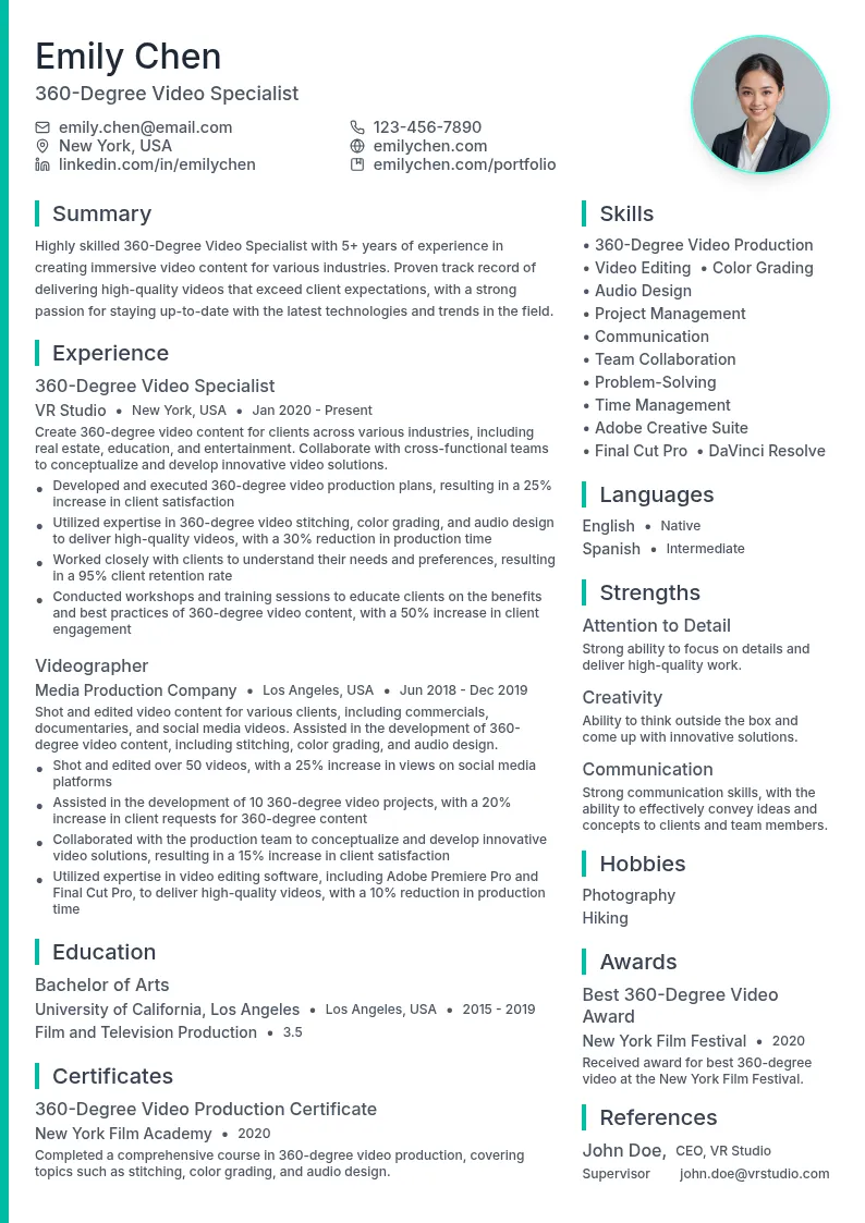 360-Degree Video Specialist resume example