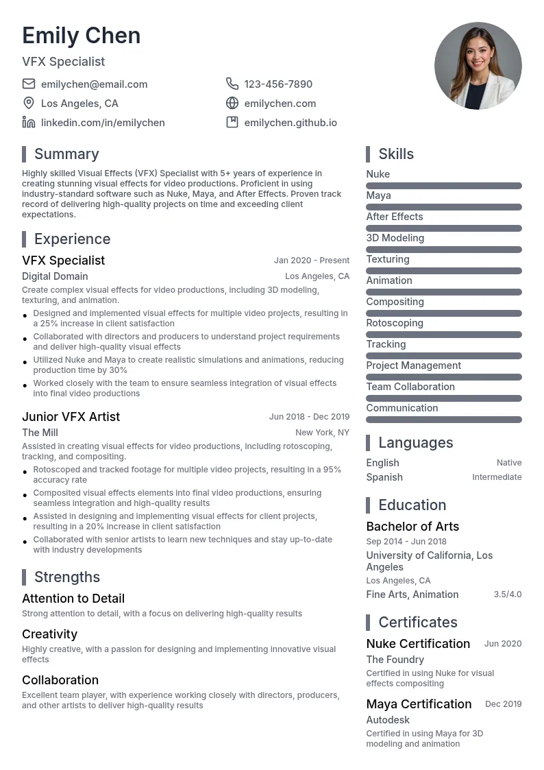 Visual Effects (VFX) Specialist (Video) resume example