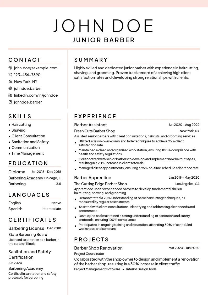 Junior Barber resume example