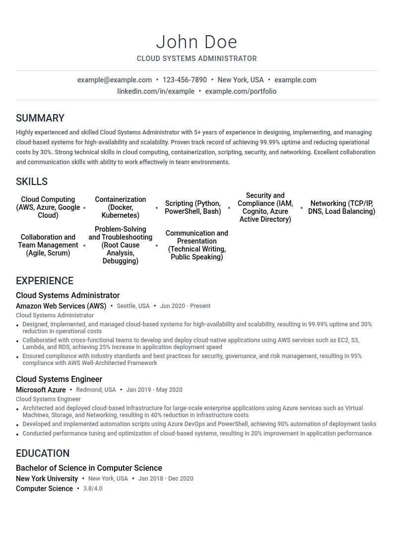 Cloud Systems Administrator resume example
