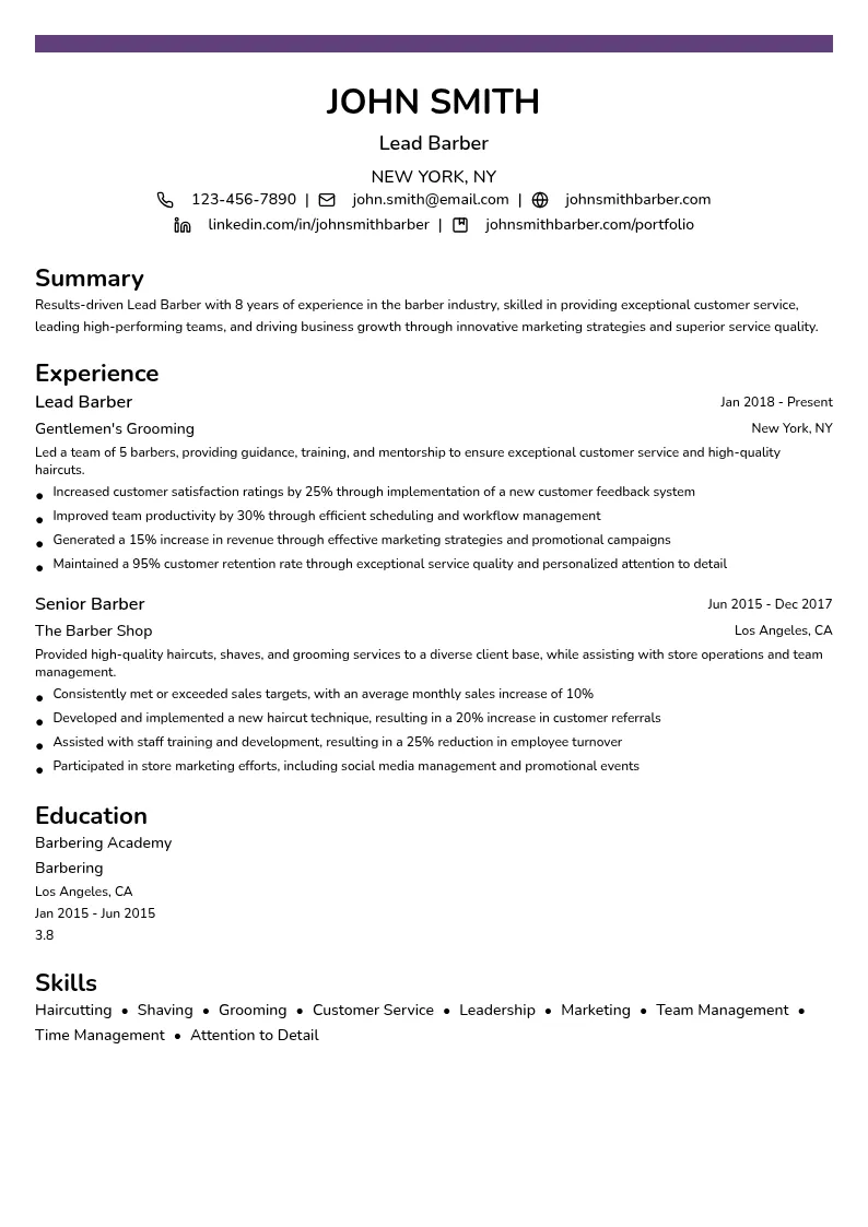 Lead Barber resume example
