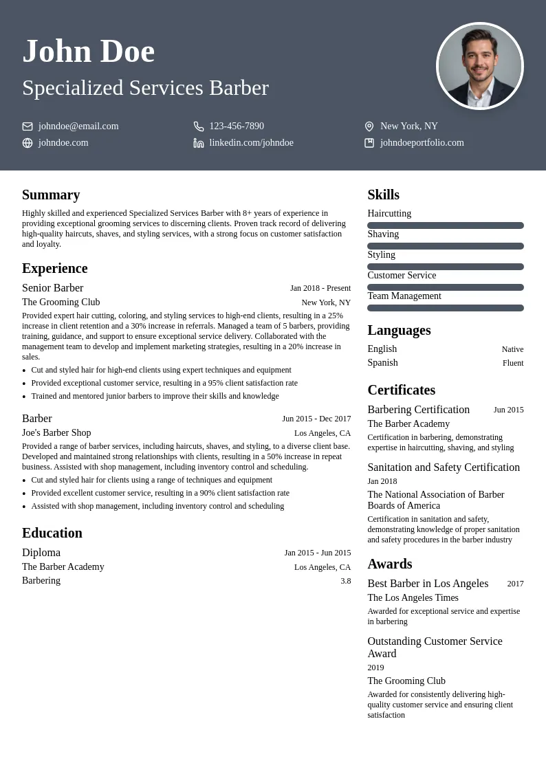 Specialized Services Barber resume example