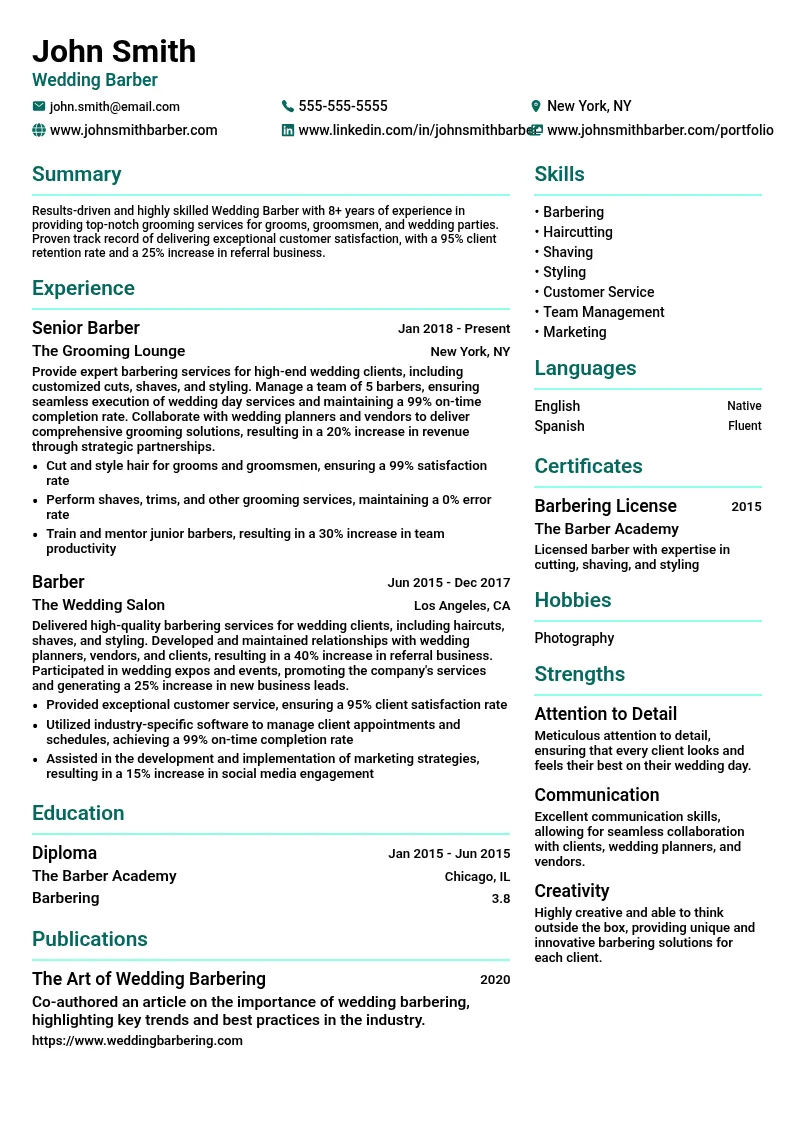 Wedding Barber resume example