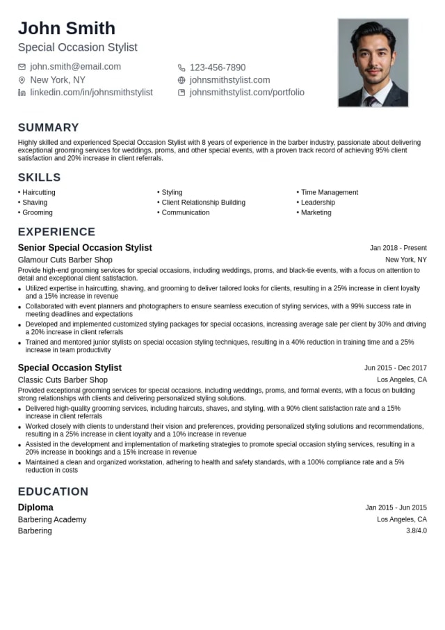 Special Occasion Stylist resume example