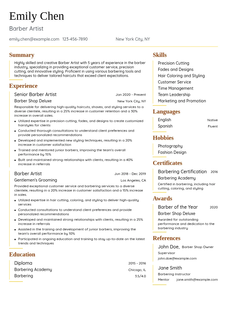 Barber Artist resume example