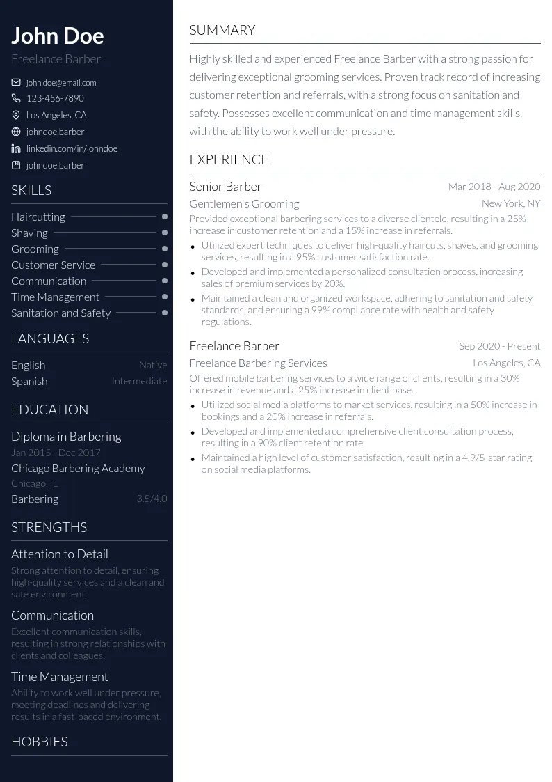 Freelance Barber resume example
