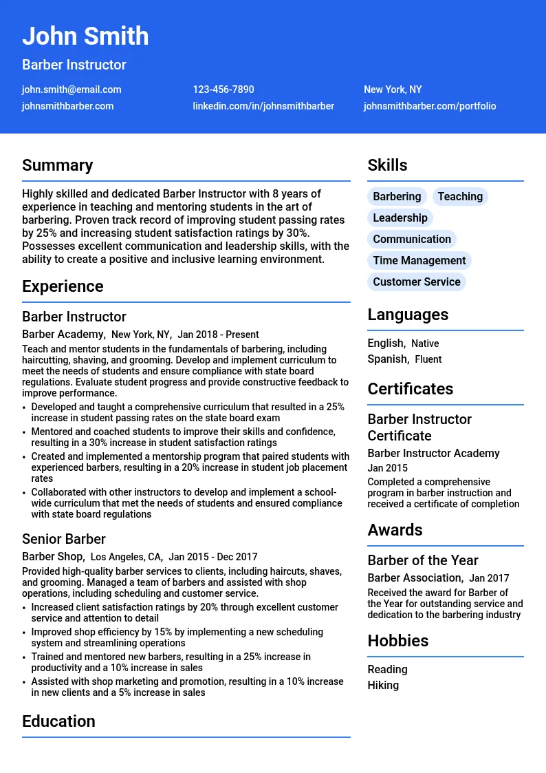 Barber Instructor resume example