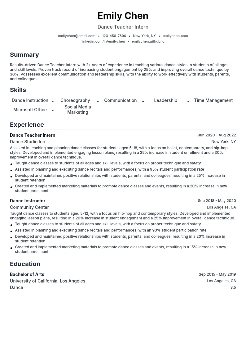 Dance Teacher Intern resume example