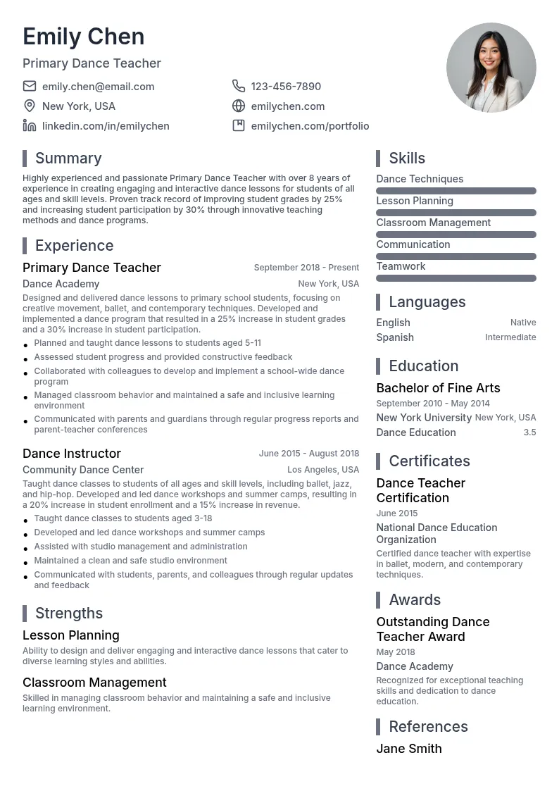 Primary Dance Teacher resume example