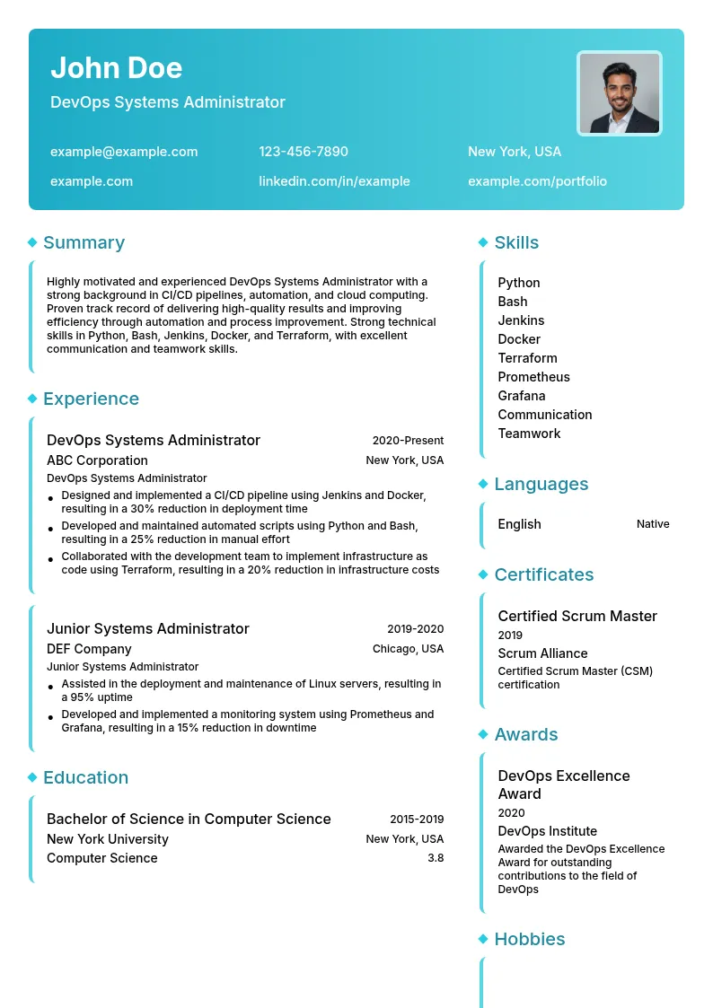 DevOps Systems Administrator resume example