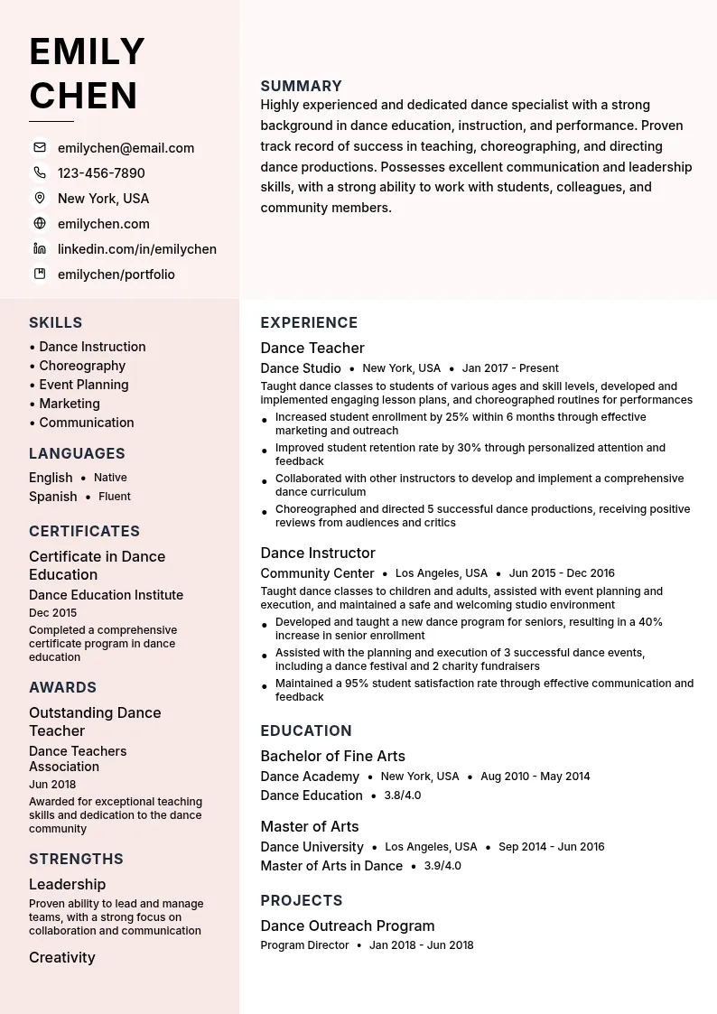 Dance Specialist resume example