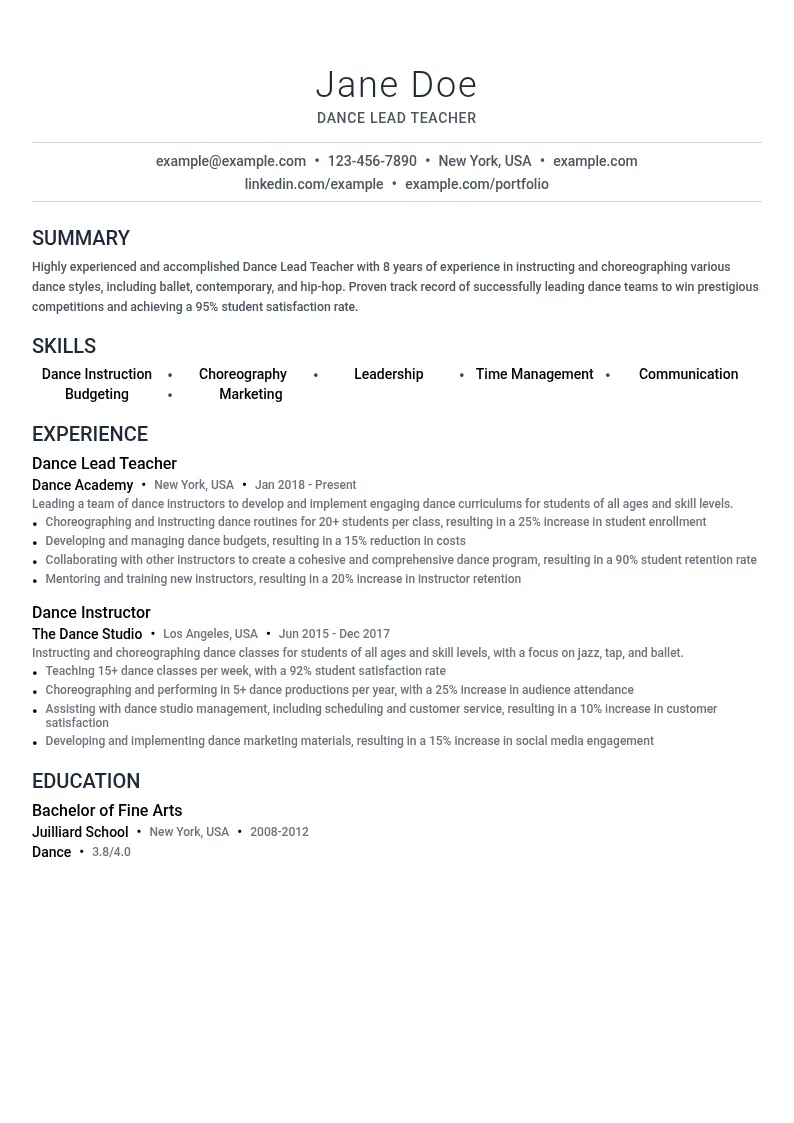 Dance Lead Teacher resume example