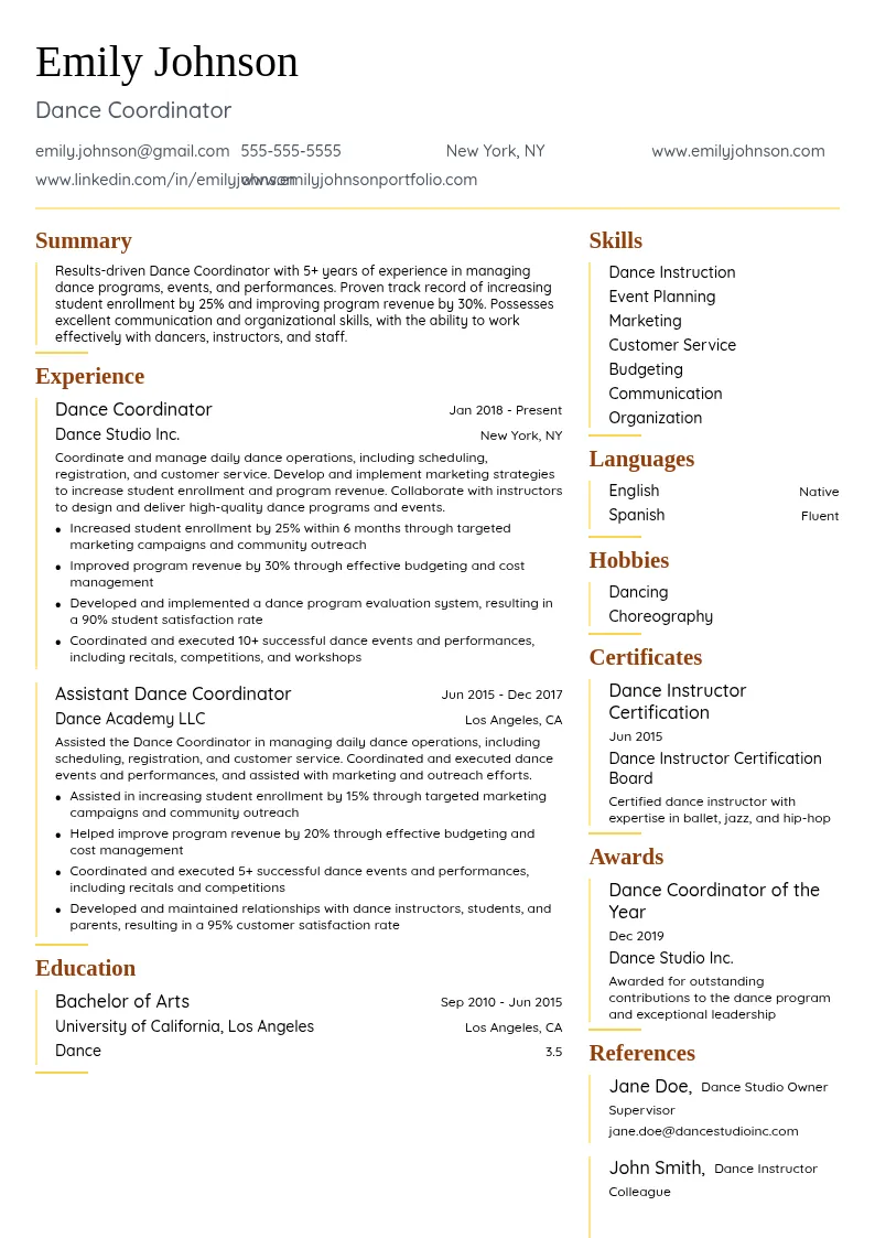 Dance Coordinator resume example