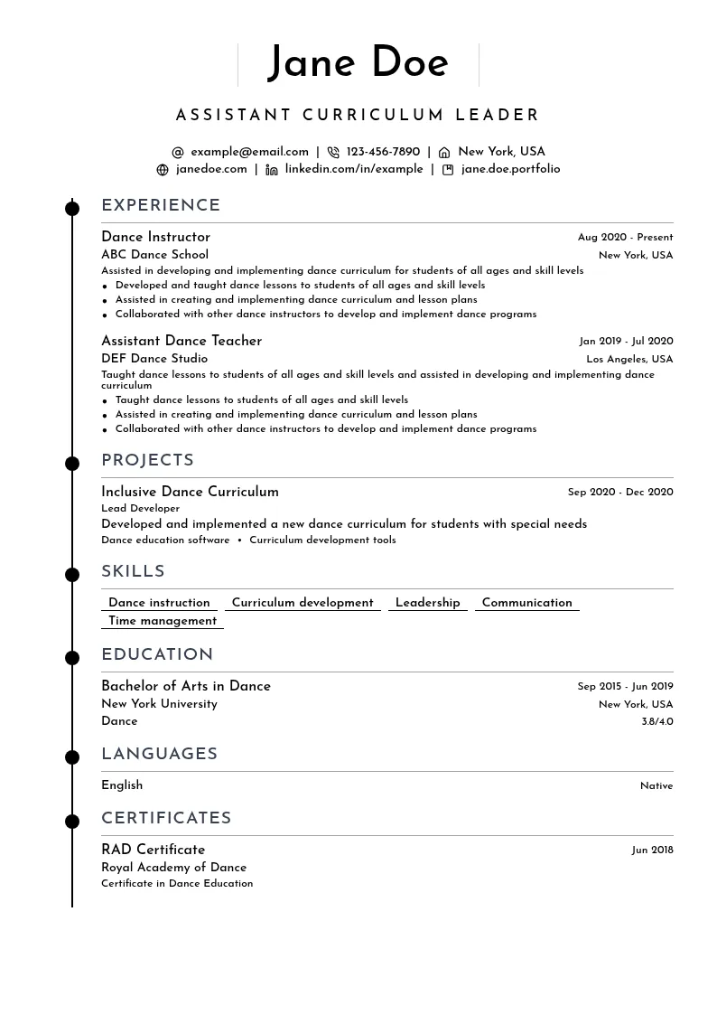 Assistant Curriculum Leader resume example