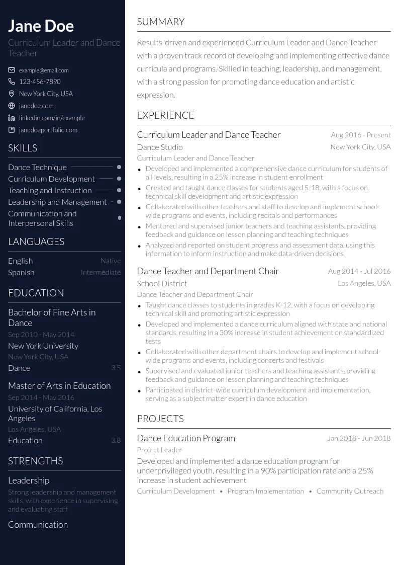 Curriculum Leader resume example