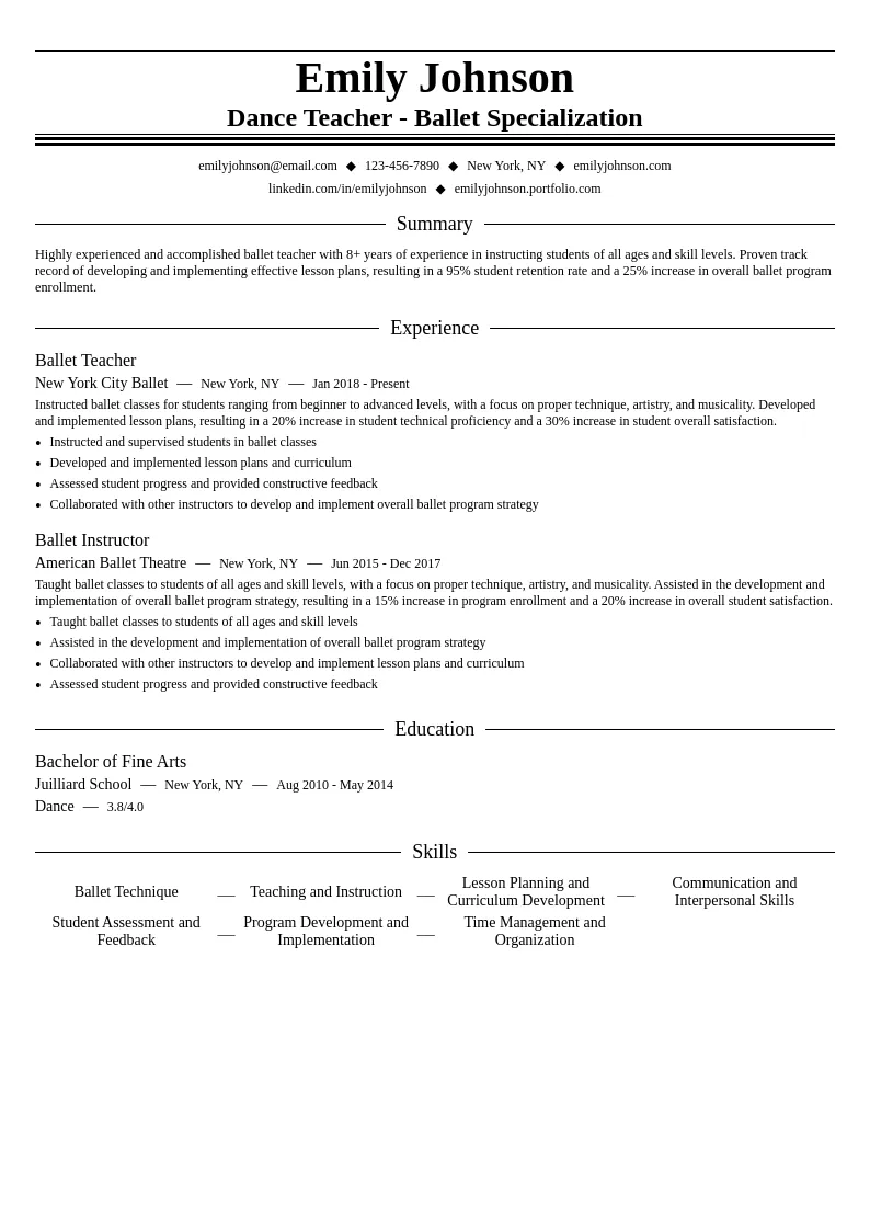 Ballet Specialization resume example
