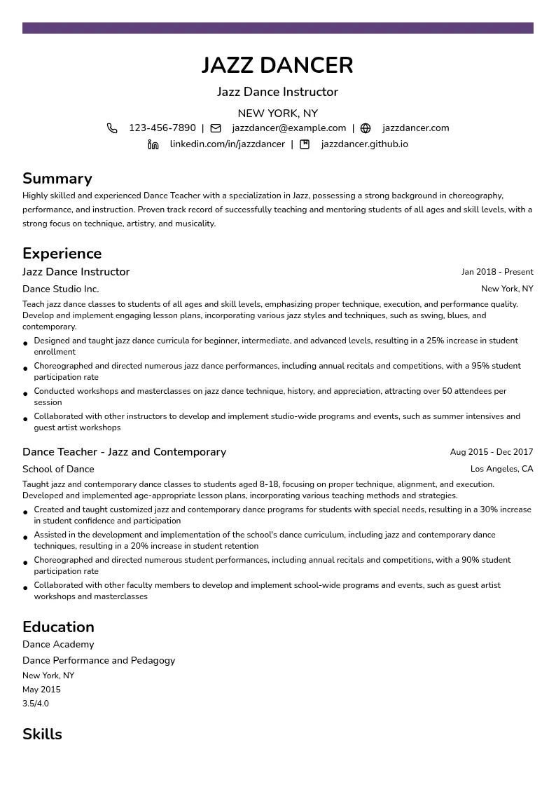 Jazz Specialization resume example