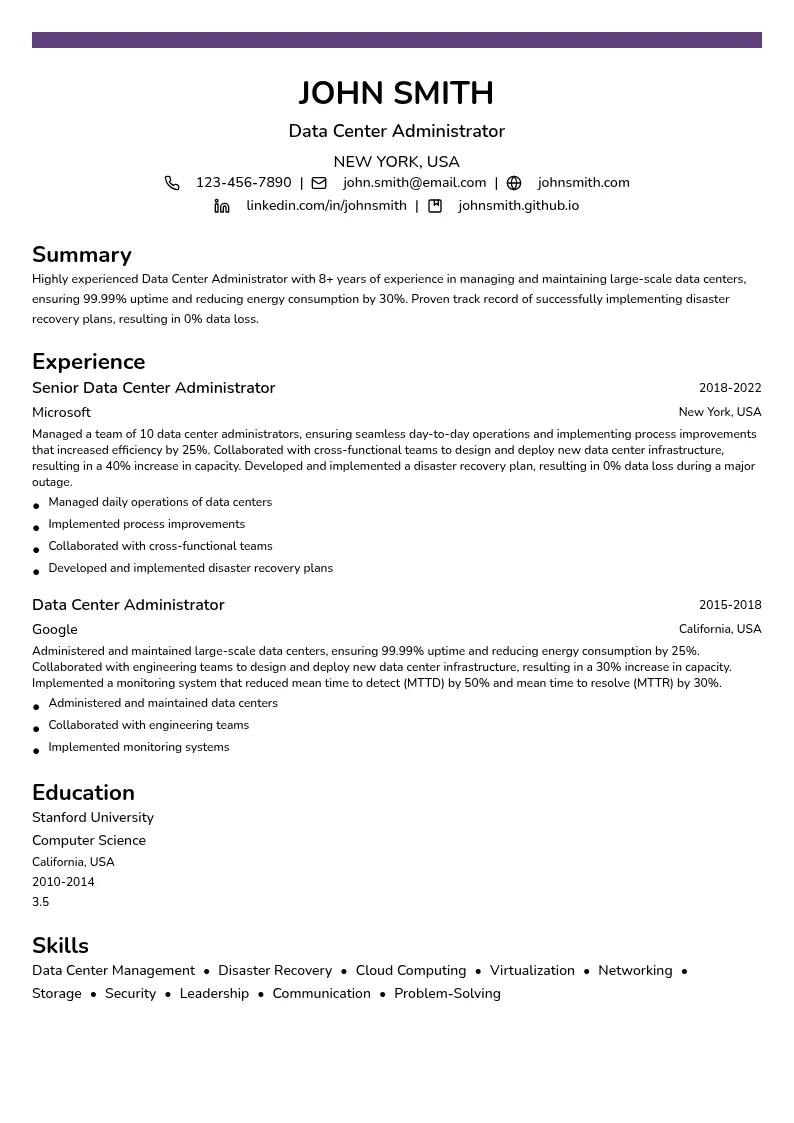 Data Center Administration resume example