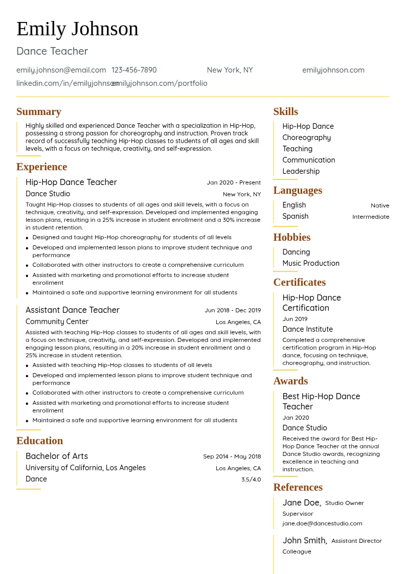 Hip-Hop Specialization resume example