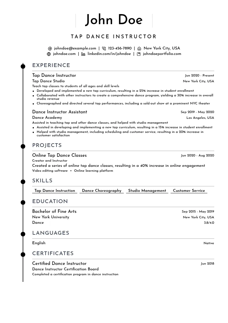 Tap Specialization resume example