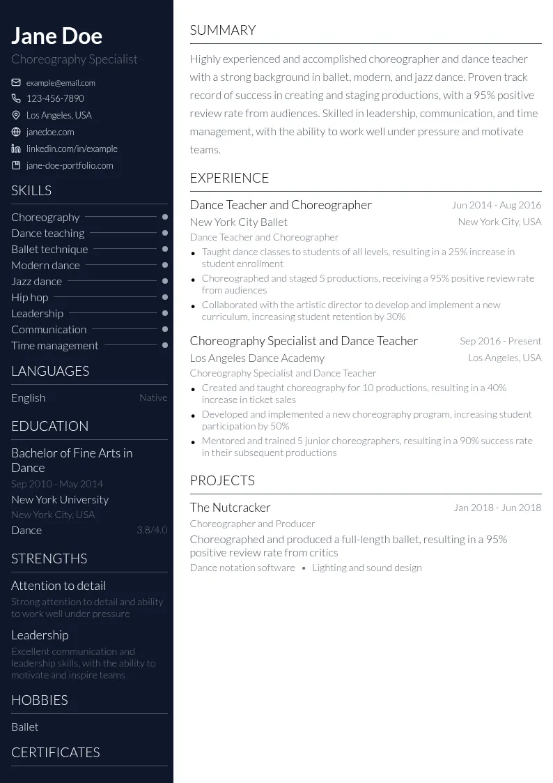 Choreography Specialization resume example