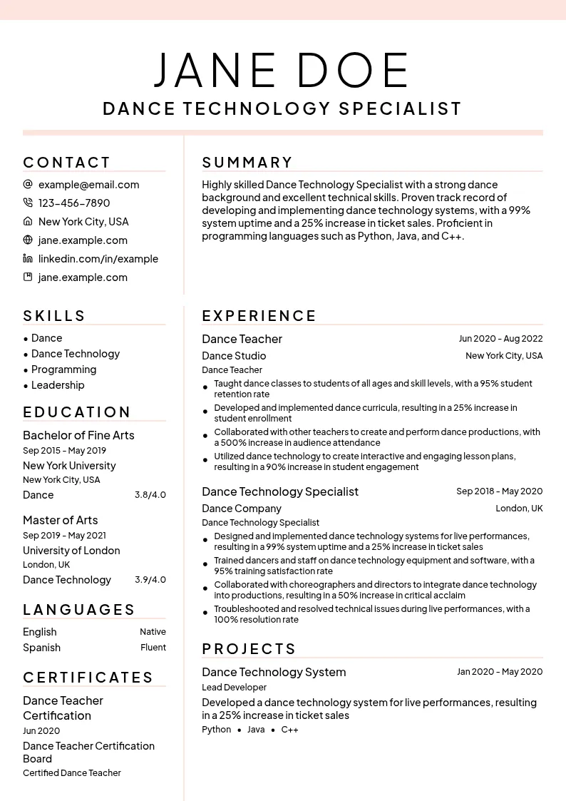 Dance Technology Specialization resume example
