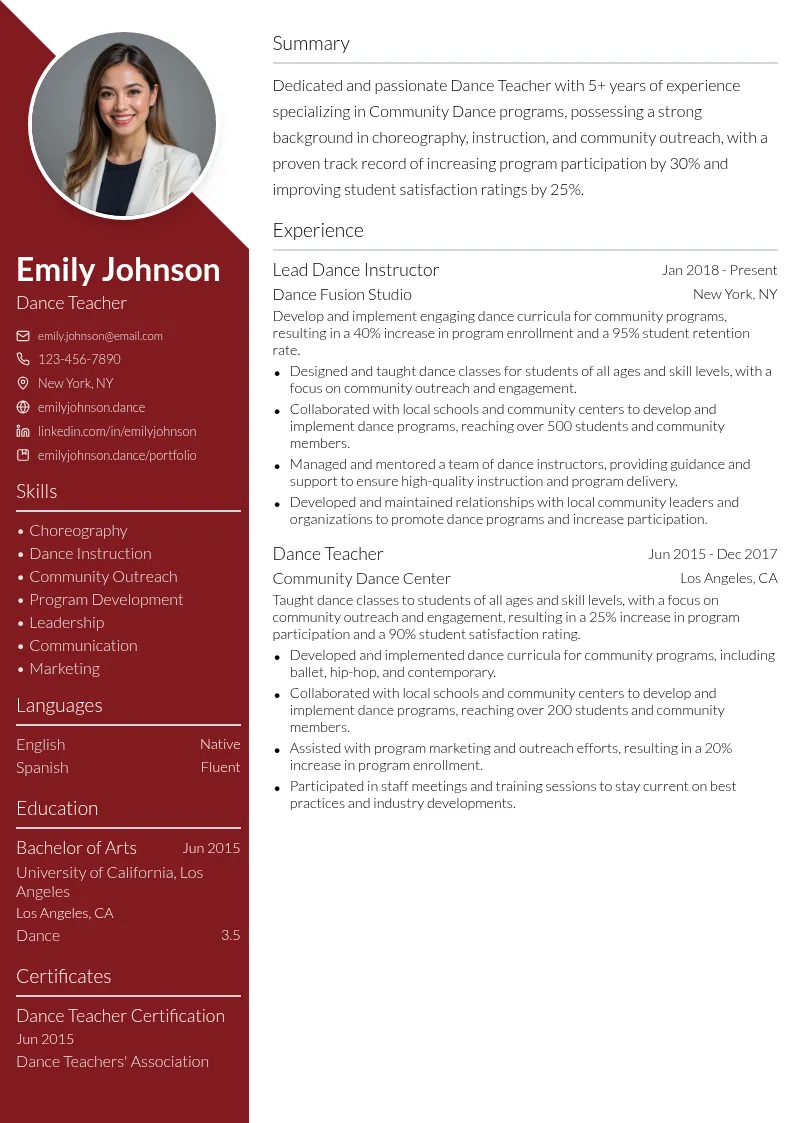 Community Dance Specialization resume example