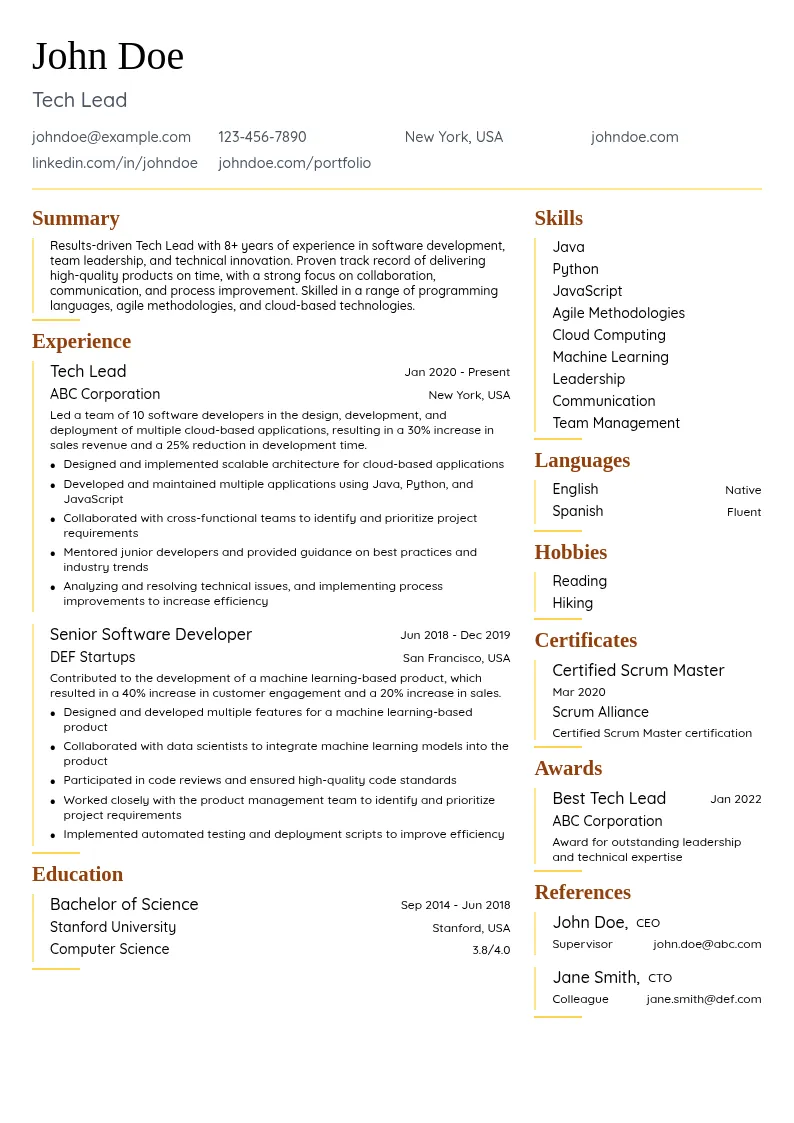 Tech Lead resume example